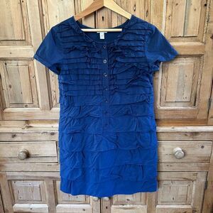 J. Crew 6 Dress Navy Blue Ruffles Short‎ Sleeve Button Crewneck Layered